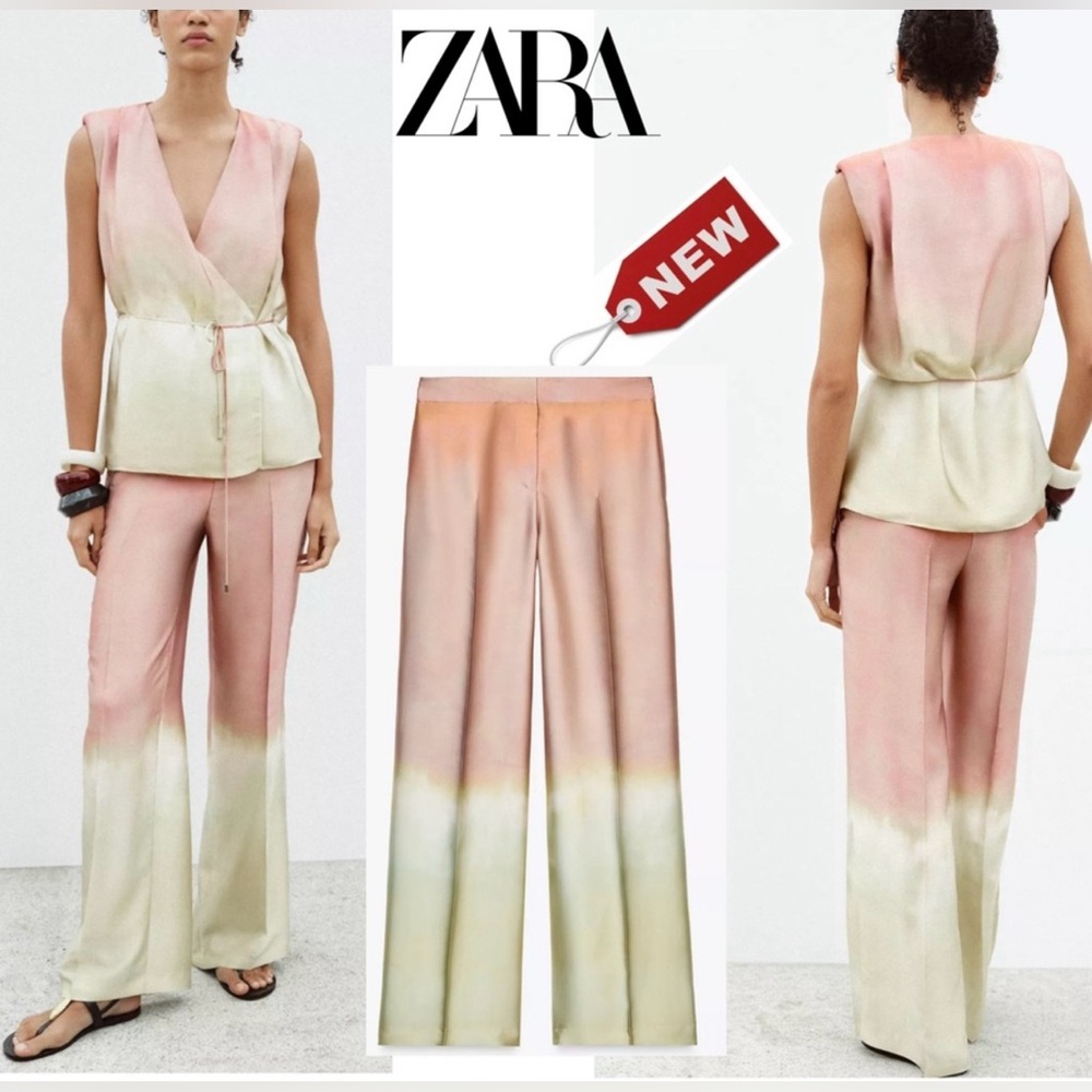 Zara Two-Tone Pink and Cream Wide-Leg Pants - Picture 6 of 8
